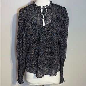 Veronica Beard Blue and White Blouse Floral Blouse with a Ruffled Tie Front